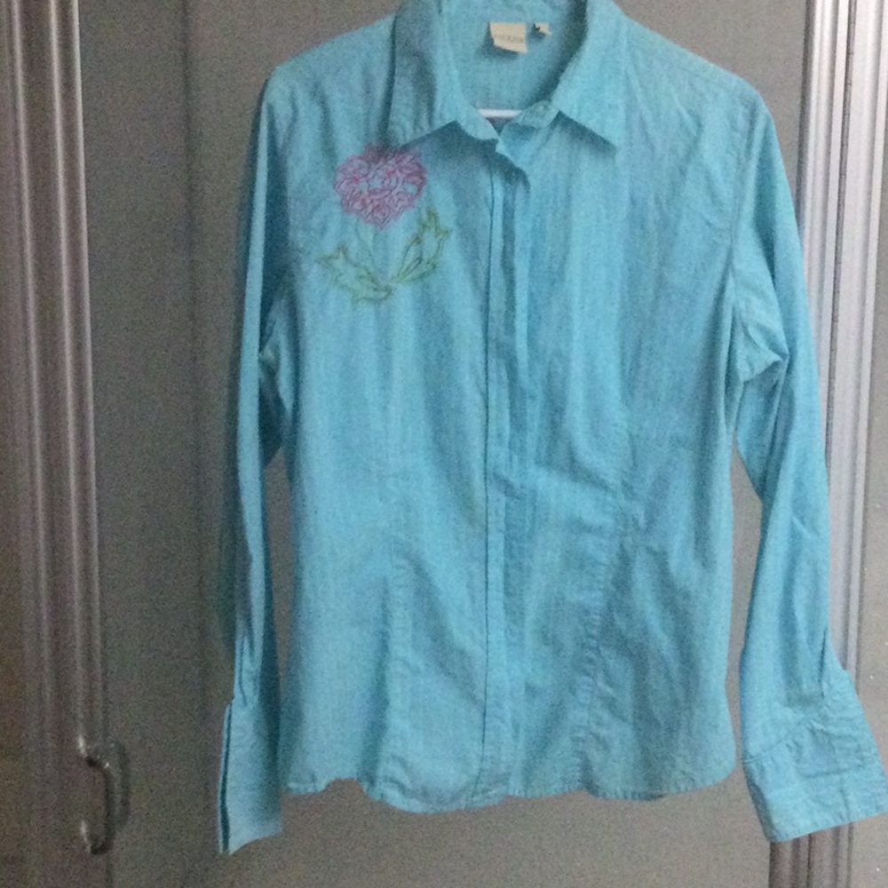 Blue Button-Up Shirt with Floral Embroidery
